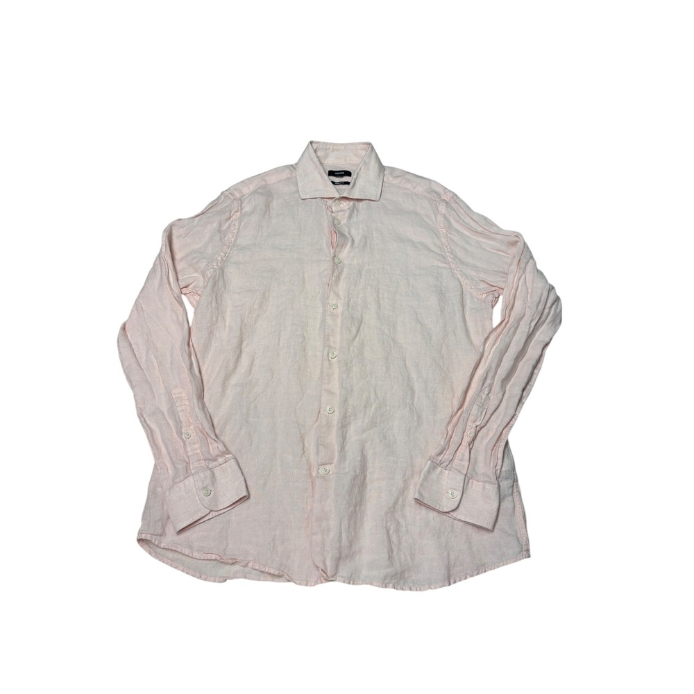 Reiss Regular Fit 100% Linen Long Sleeve Button Down Shirt Light Pink Mens L